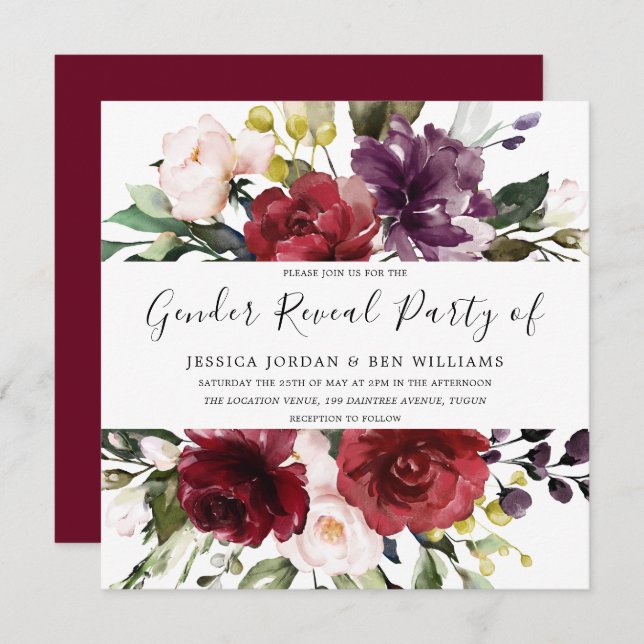 Romantic Burgundy Red Rose Gender Reveal Party Invitation (Front/Back)