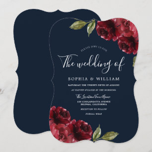 Romantic Burgundy Red Rose & Navy Blue Wedding Invitation