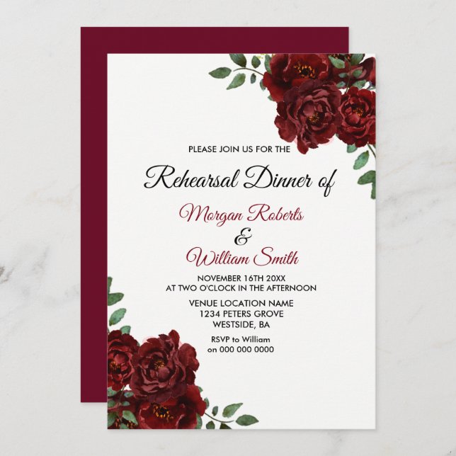 Romantic Burgundy Red Rose Rehearsal Dinner Invite (Front/Back)