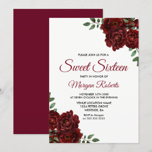 Romantic Burgundy Red Rose Sweet Sixteen Invite