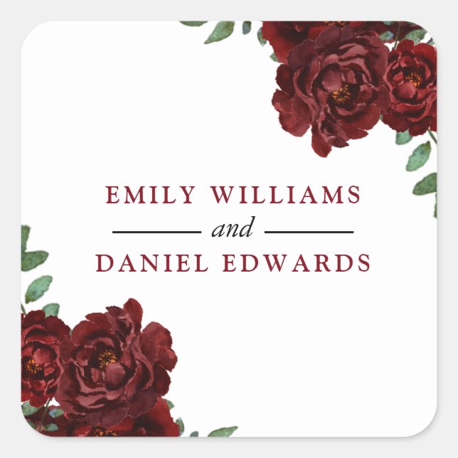 Romantic Burgundy Red Rose Wedding Engagement Square Sticker (Front)