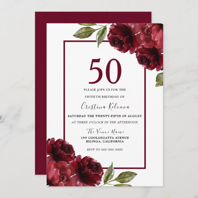 Romantic Burgundy Red Roses 50th Birthday Party Invitation (Front/Back)