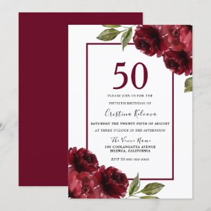 Romantic Burgundy Red Roses 50th Birthday Party Invitation