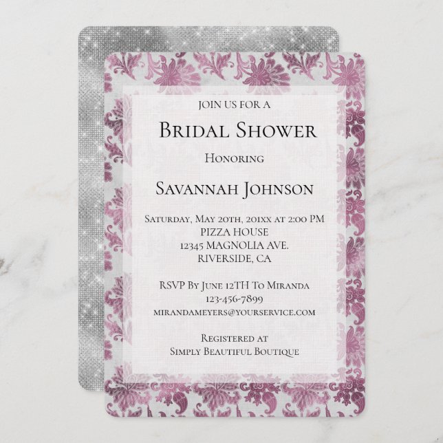 Romantic Burgundy Red Silver Floral Bridal Shower Invitation (Front/Back)