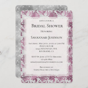 Romantic Burgundy Red Silver Floral Bridal Shower Invitation