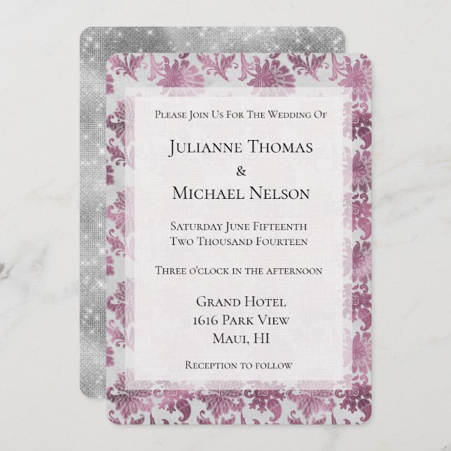 Romantic Burgundy Red Silver Floral Wedding Invitation (Front/Back)