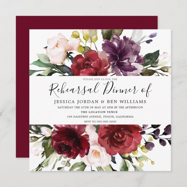 Romantic Burgundy Red Watercolor Rehearsal Dinner Invitation (Front/Back)