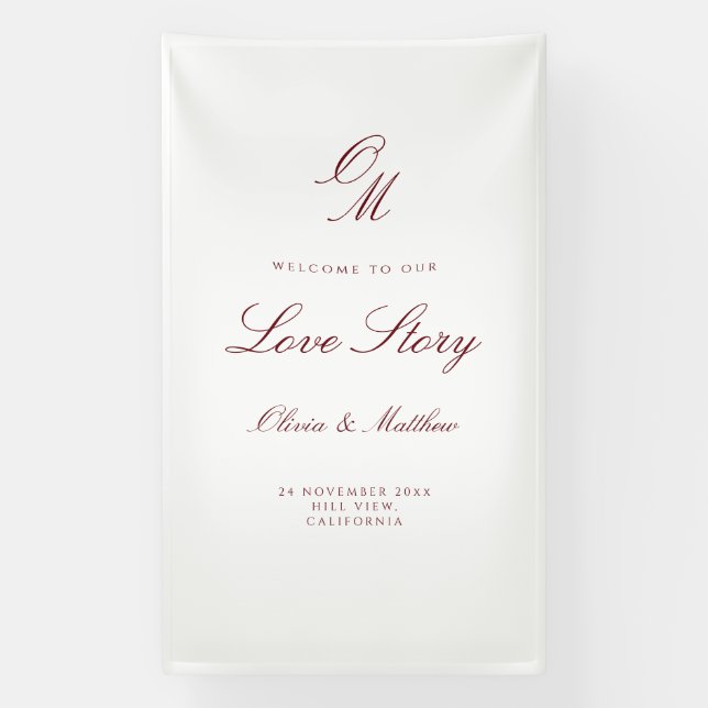 Romantic Burgundy Red Welcome Wedding  Banner (Vertical)