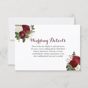 Romantic Burgundy Red White Floral Wedding Details Invitation