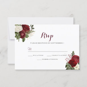 Romantic Burgundy Red White Floral Wedding RSVP Card