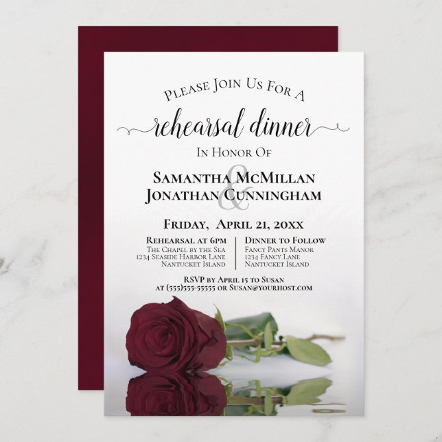 Romantic Burgundy Rose Wedding Rehearsal Dinner Invitation (Front/Back)