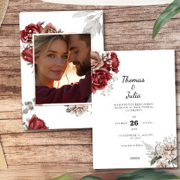 Romantic Burgundy & Silver Floral Photo Wedding Invitation