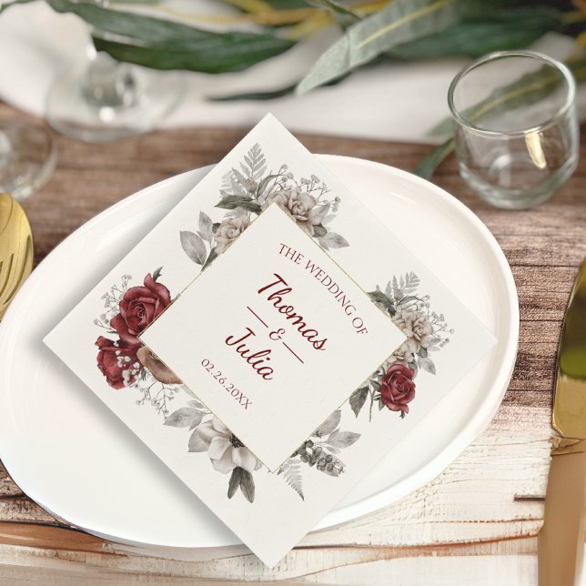 Romantic Burgundy & Silver Floral Wedding Napkin (Romantic Burgundy & Silver Floral Wedding Napkins)