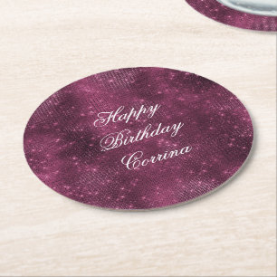 Romantic Burgundy Sparkle Glitzy Birthday Round Paper Coaster