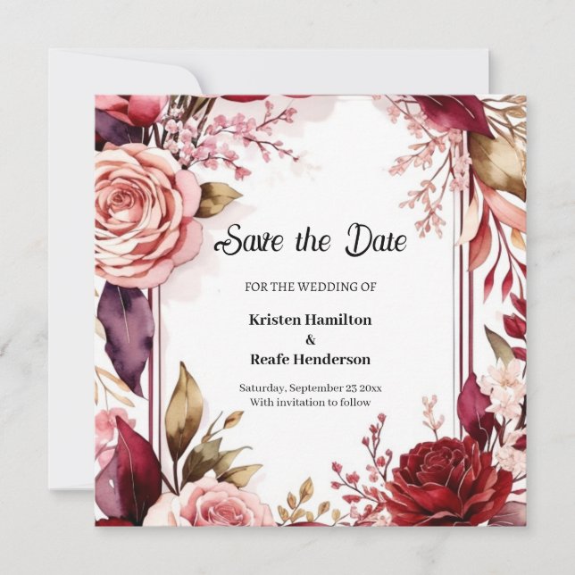  Romantic Burgundy Typography Save The Date (Front)