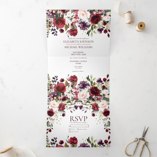 Romantic Burgundy Watercolor Floral Wedding Tri-Fold Invitation (Inside)