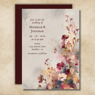 Romantic Burgundy Watercolor Wildflower Wedding Invitation