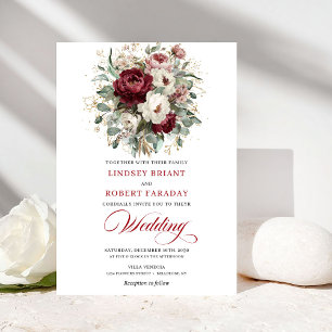 Romantic Burgundy White Floral Eucalyptus Wedding Invitation