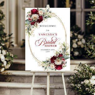 Romantic Burgundy White Floral Gold Bridal Shower  Poster