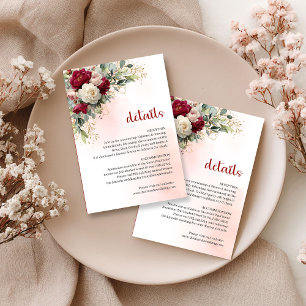 Romantic Burgundy White Floral Gold Wedding Detail Enclosure Card