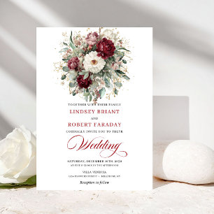 Romantic Burgundy White Floral Gold Wedding Invite