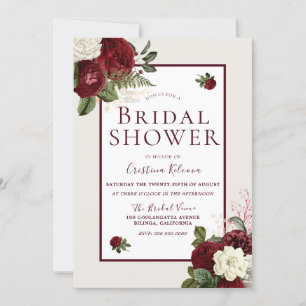 Romantic Burgundy White Flowers Bridal Shower Invitation