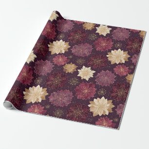 Romantic Burgundy Winter Garden Gold Floral Wrapping Paper