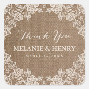 Romantic Burlap Lace Rustic Wedding Thank You Square Sticker
