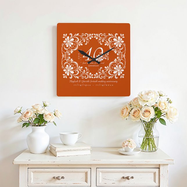 Romantic Burnt Orange Decade 40 Anniversary Floral Square Wall Clock (Creator Uploaded)