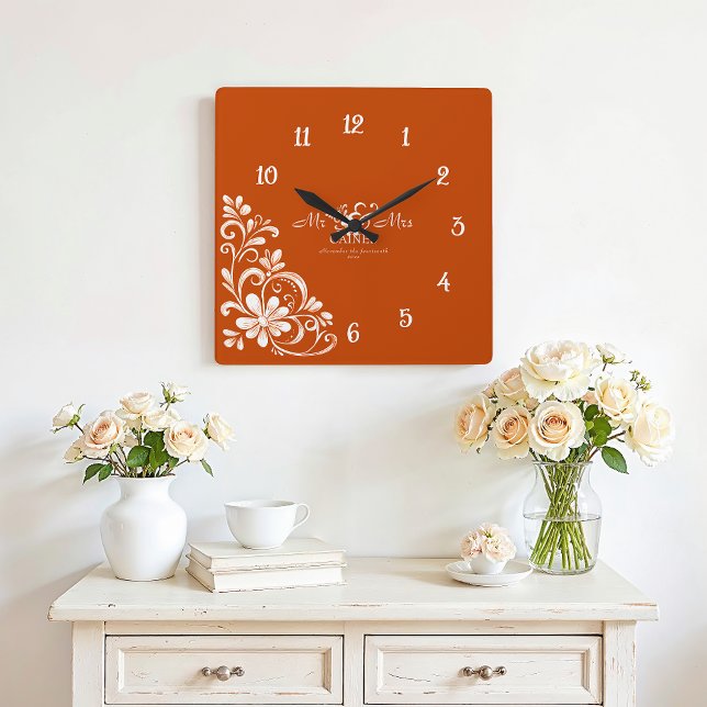 Romantic Burnt Orange Mr & Mrs Wedding Wall Clock (Creator Uploaded)