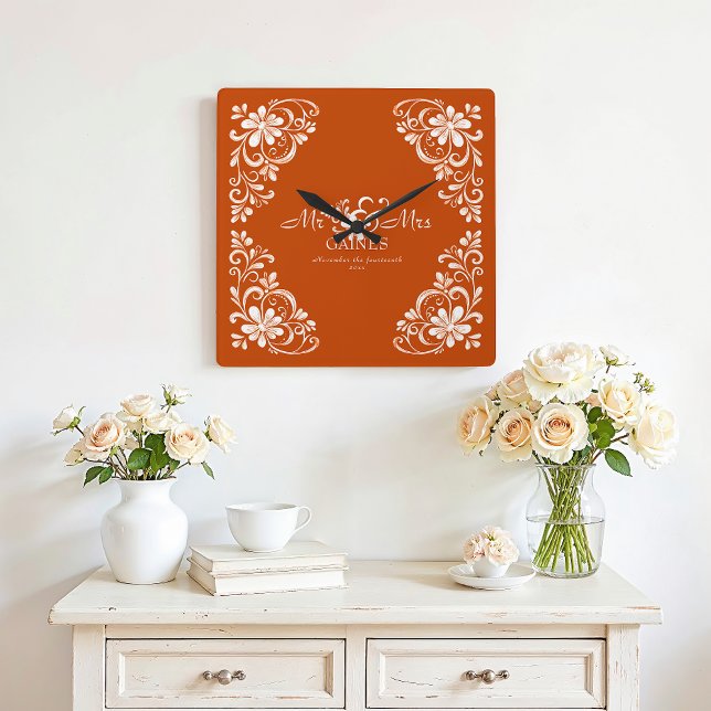 Romantic Burnt Orange Mr & Mrs Wedding Wall Clock (Creator Uploaded)