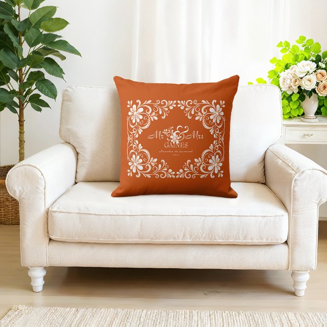 Romantic Burnt Orange Shabby Chic Mr Mrs Wedding  Cushion (Creator Uploaded)