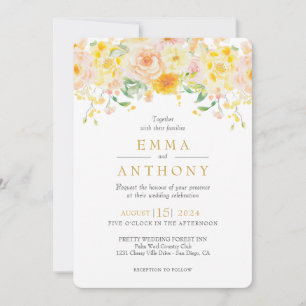 Romantic Butter Yellow Floral Watercolor Wedding Invitation