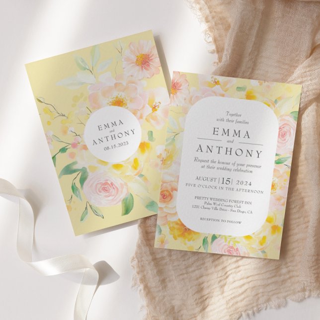 Romantic Butter Yellow Floral Watercolor Wedding Invitation (Creator Uploaded)