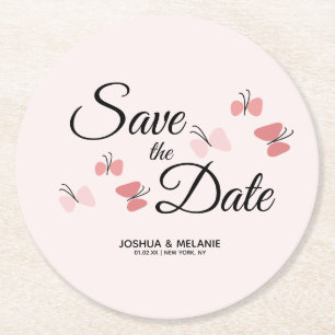 Romantic Butterflies Pink Save the Dates   Round Paper Coaster
