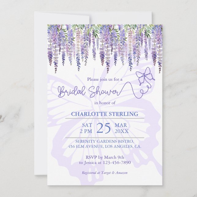 Romantic Butterfly & Wisteria Garden Bridal Shower Invitation (Front)
