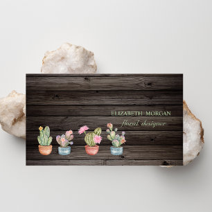 Romantic Cactus Dark Wood Business Card