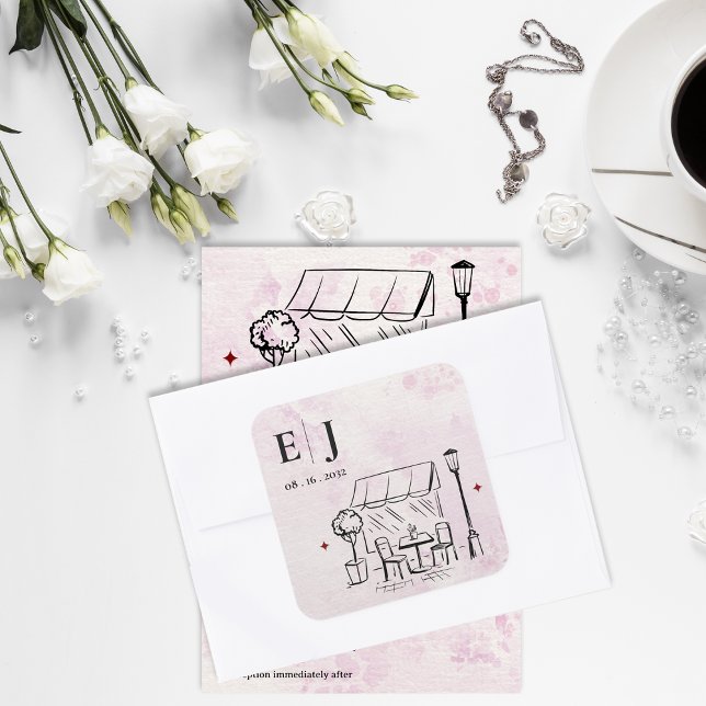 Romantic Café Illustration Wedding Monogram Square Sticker (Romantic Café Illustration Wedding Monogram Square Sticker)