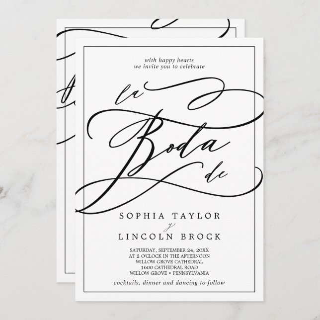 Romantic Calligraphy | All In One Spanish Wedding Invitation (Front/Back)