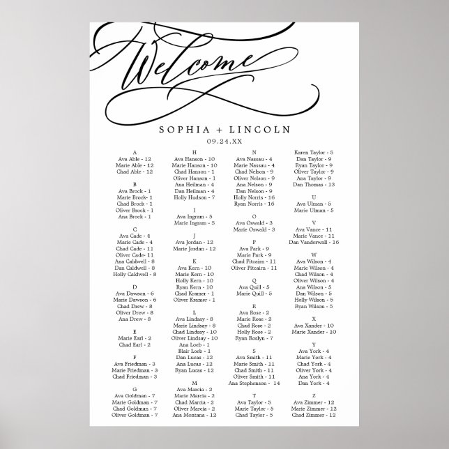 Romantic Calligraphy Alphabetical Seating Chart (Front)