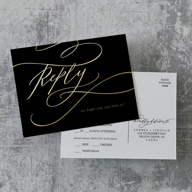 Romantic Calligraphy Black and Gold Foil Meal RSVP Foil Invitation Postcard (Romantic Calligraphy Black and Gold Foil Meal RSVP Foil Invitation Postcard)