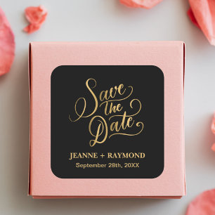 Romantic Calligraphy Black Gold Foil Save the Date Square Sticker