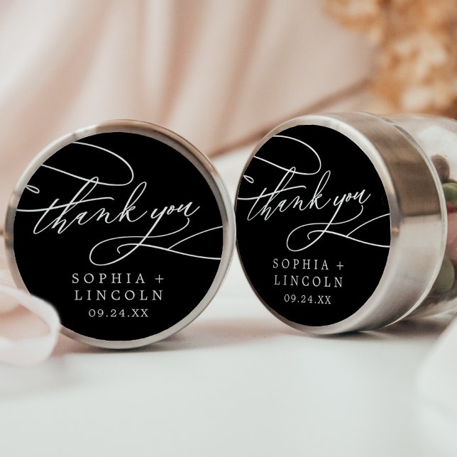 Romantic Calligraphy Black Thank You Favour Sticke Classic Round Sticker (Creator Uploaded)