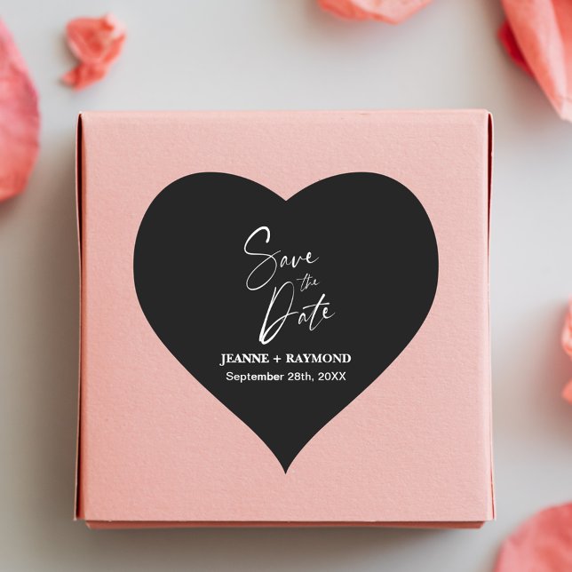 Romantic Calligraphy Black Wedding Save the Date Heart Sticker (Romantic black calligraphy sticker adds elegant charm to wedding save the date announcements.)