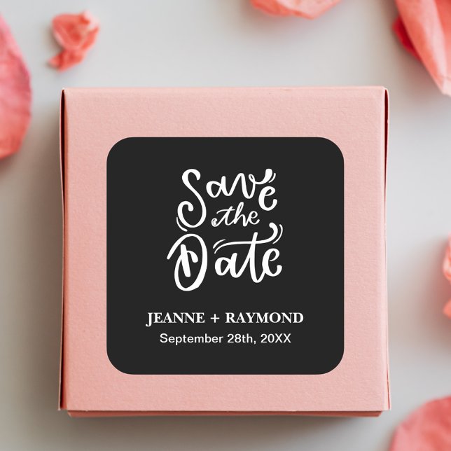 Romantic Calligraphy Black Wedding Save the Date Square Sticker (Creator Uploaded)