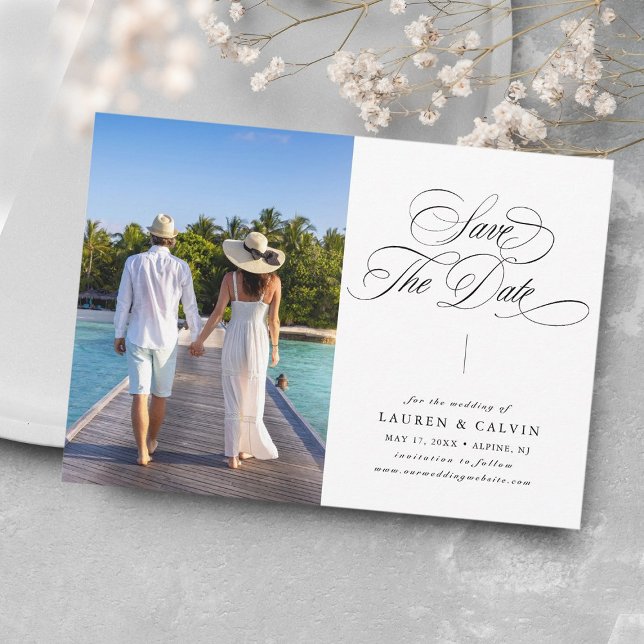 Romantic Calligraphy Black & White Photo Save The Date (Creator Uploaded)