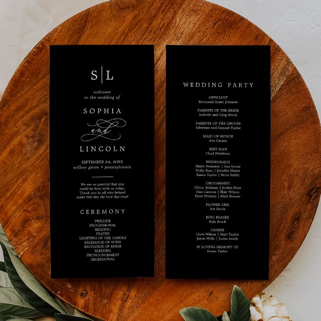 Romantic Calligraphy | Dark Black Monogram Wedding Program (Creator Uploaded)