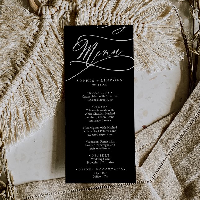 Romantic Calligraphy | Dark Black Wedding Dinner Menu (Creator Uploaded)