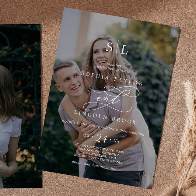 Romantic Calligraphy Dark Photo Monogram Wedding Invitation (Creator Uploaded)