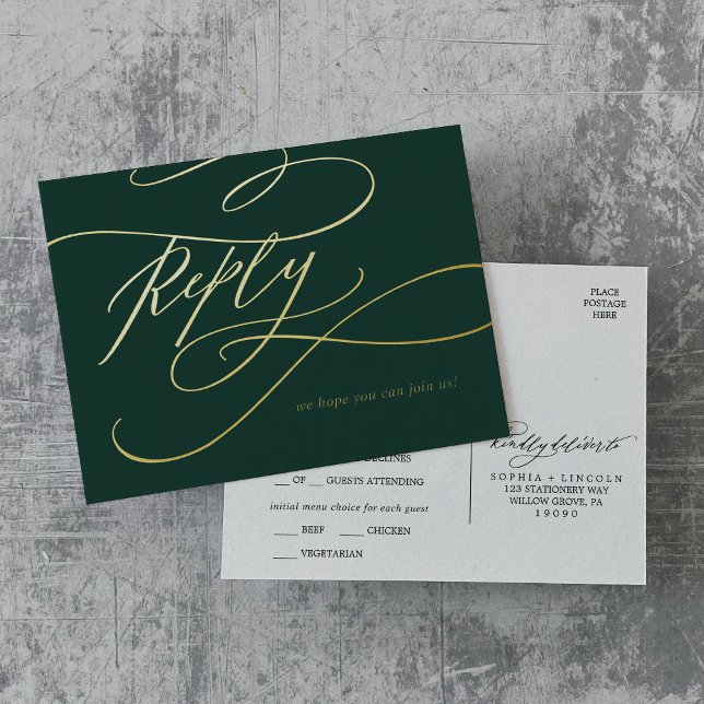 Romantic Calligraphy Emerald Gold Foil Meal RSVP Foil Invitation Postcard (Romantic Calligraphy Emerald Gold Foil Meal RSVP Foil Invitation Postcard)